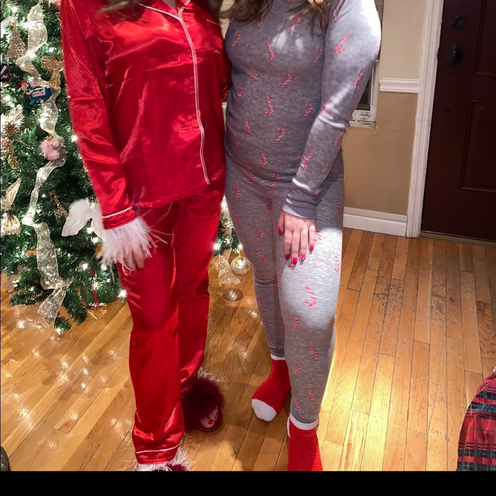 Red satin with white ostrich feather detail pajama set